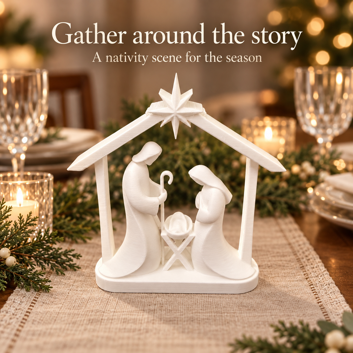 Bethlehem Star Nativity – Minimalist White Holy Family Scene