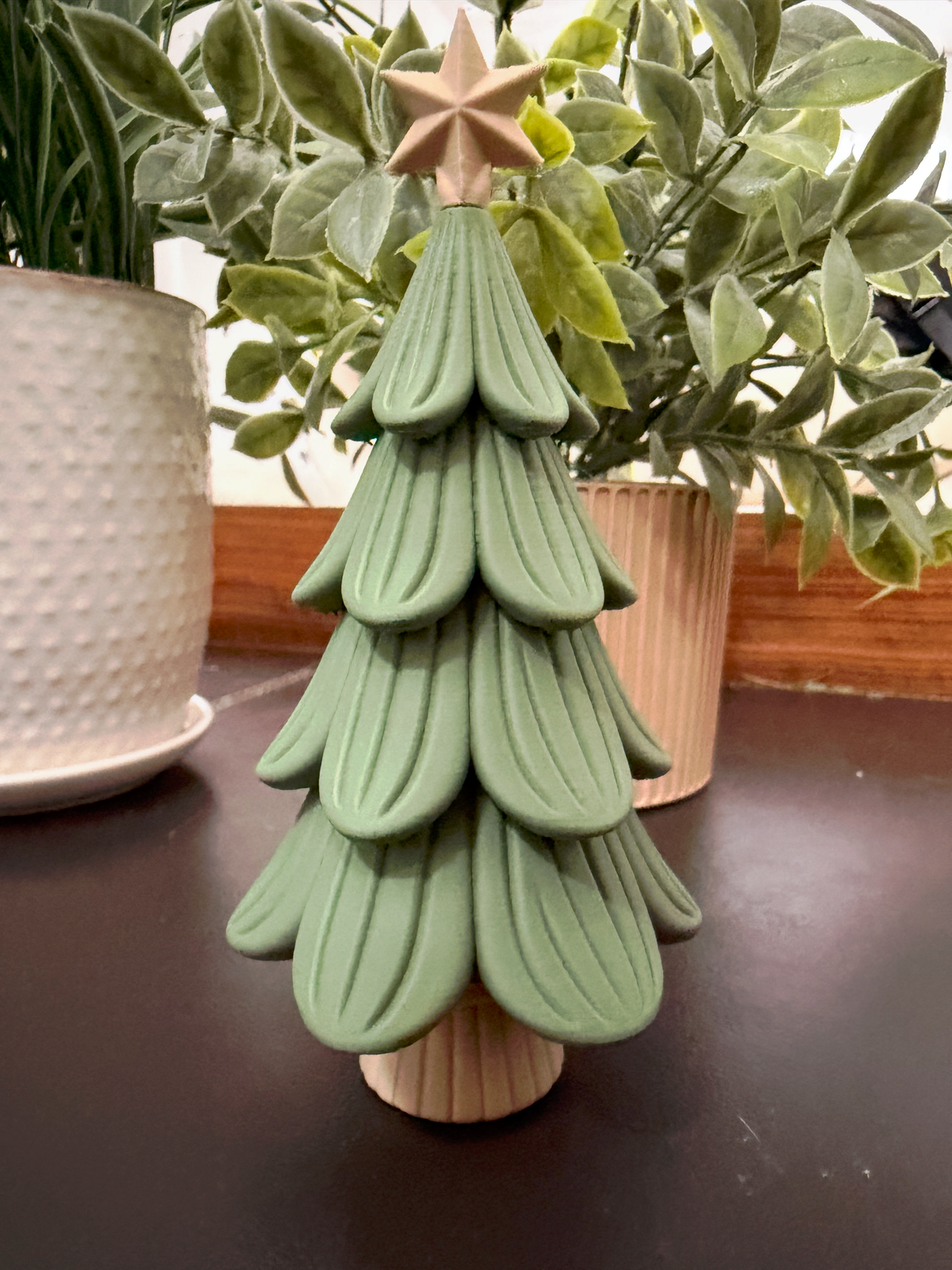 Sage Green Petal Pine Tree with tan star and wood-tone base