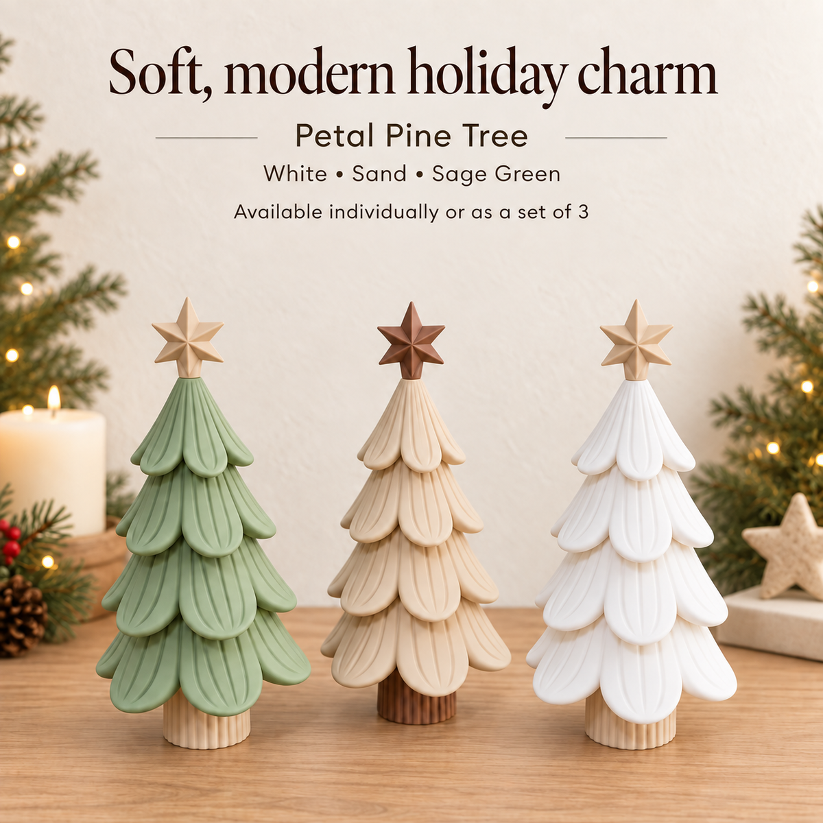 Three Petal Pine Trees, soft modern holiday decor