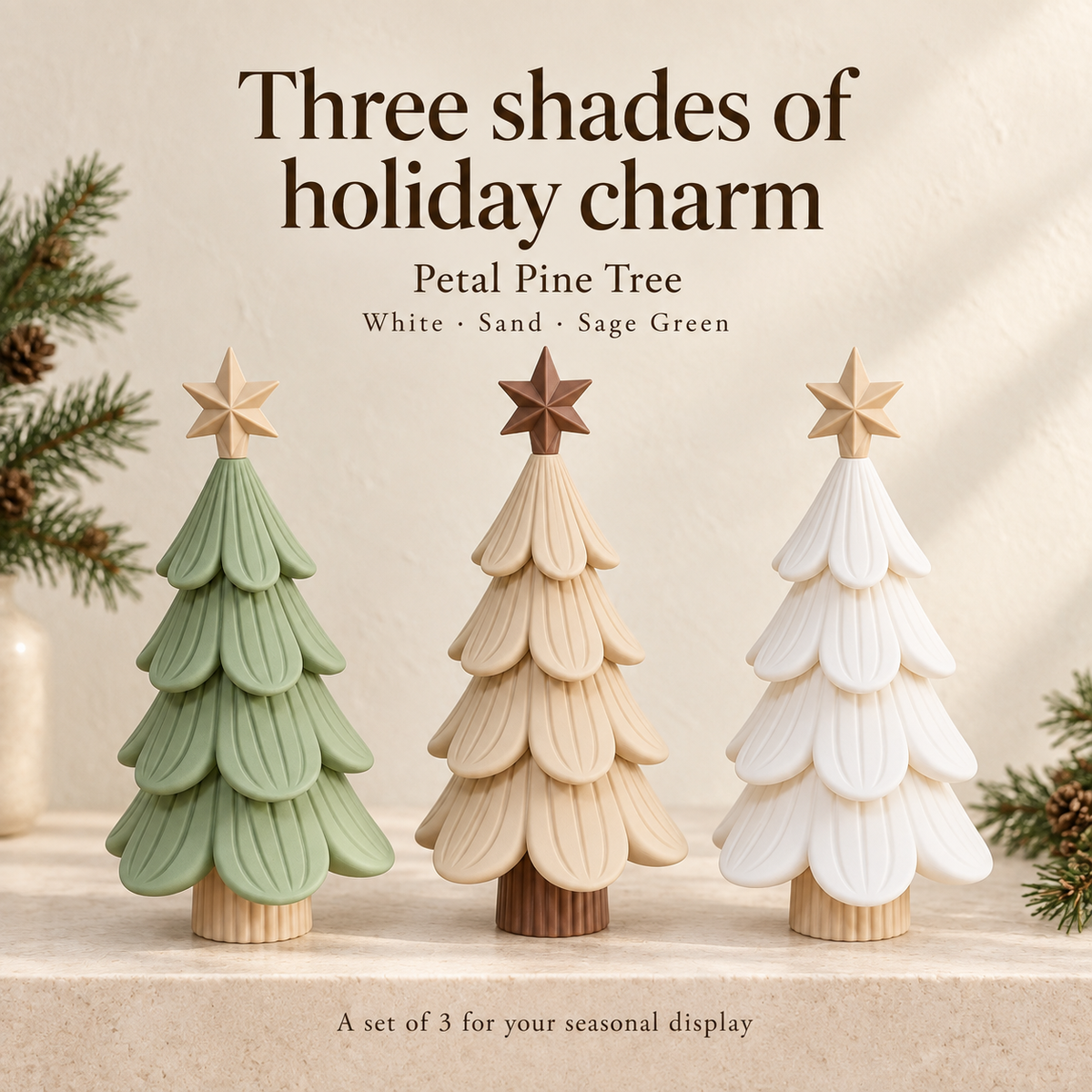 Petal Pine Tree tabletop Christmas trees in Sage Green, Sand and White